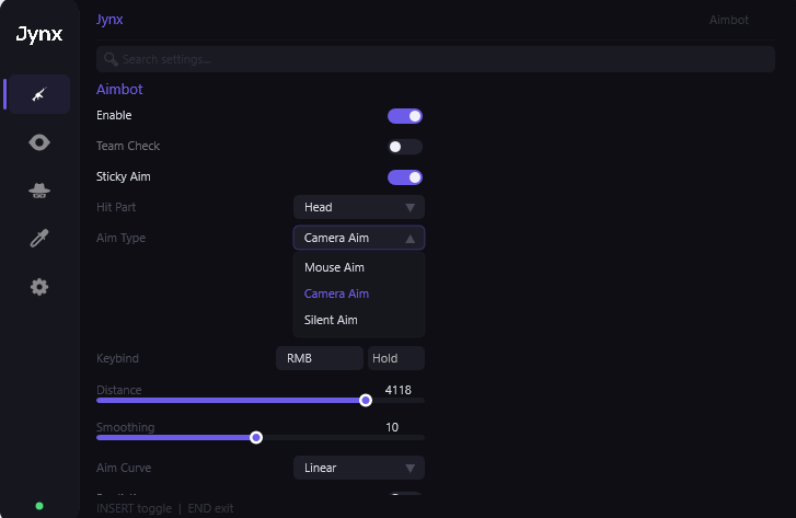 Jynx Roblox cheat menu interface settings UI dark theme